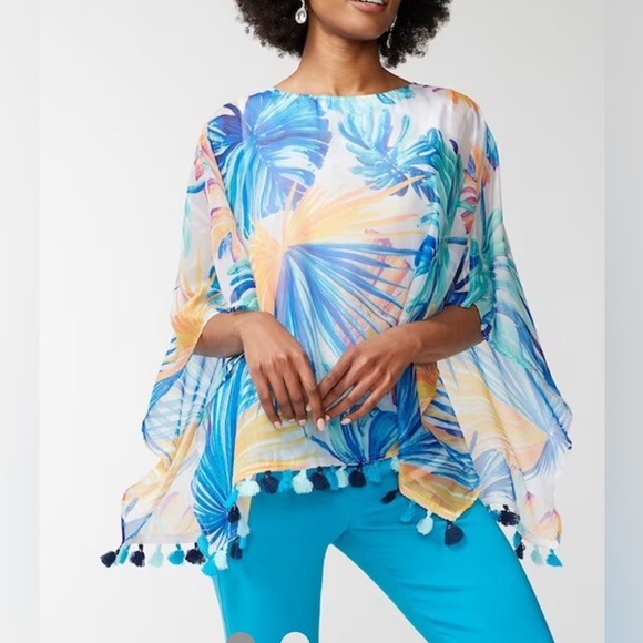 Chico's Tops - Chicos Tropical Palm Tassel Multicolor Tank Kaftan Top
